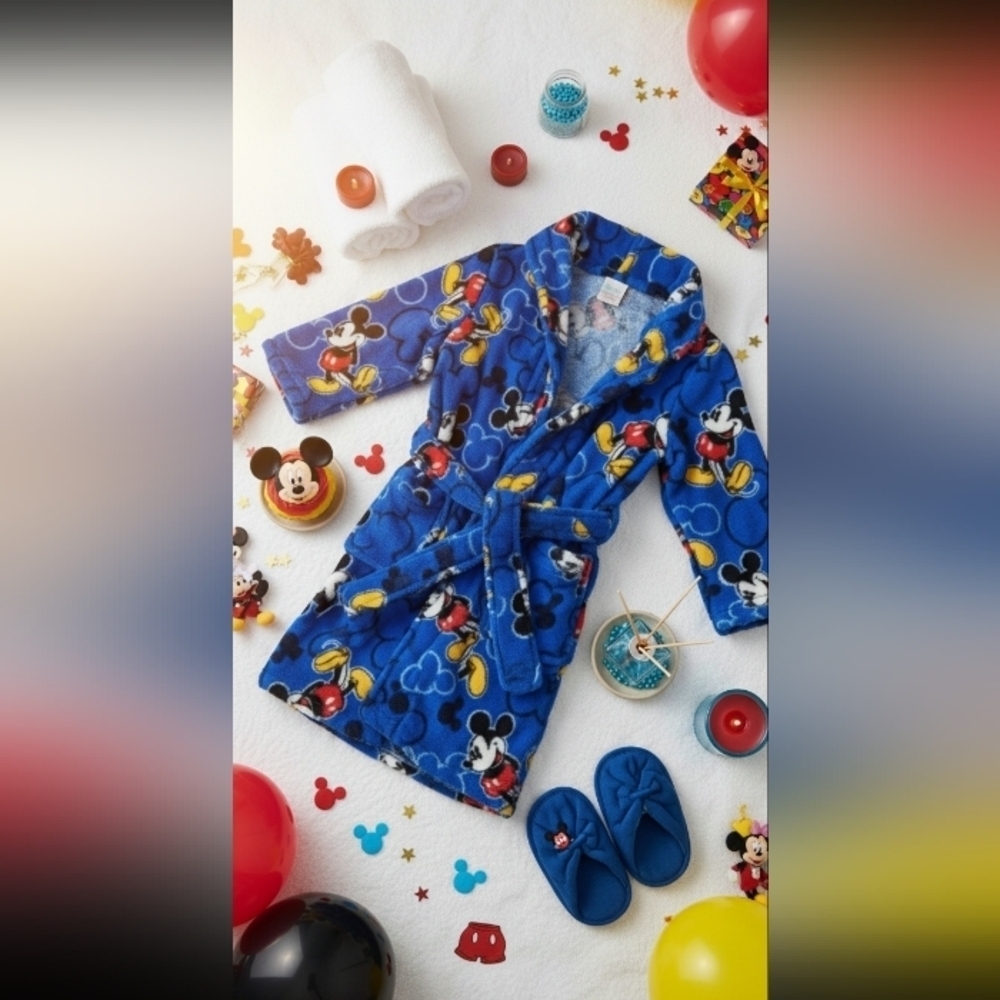 Disney Mickey Mouse Boys Blue Plush Fleece Bathrobe Robe Size 4T Toddler